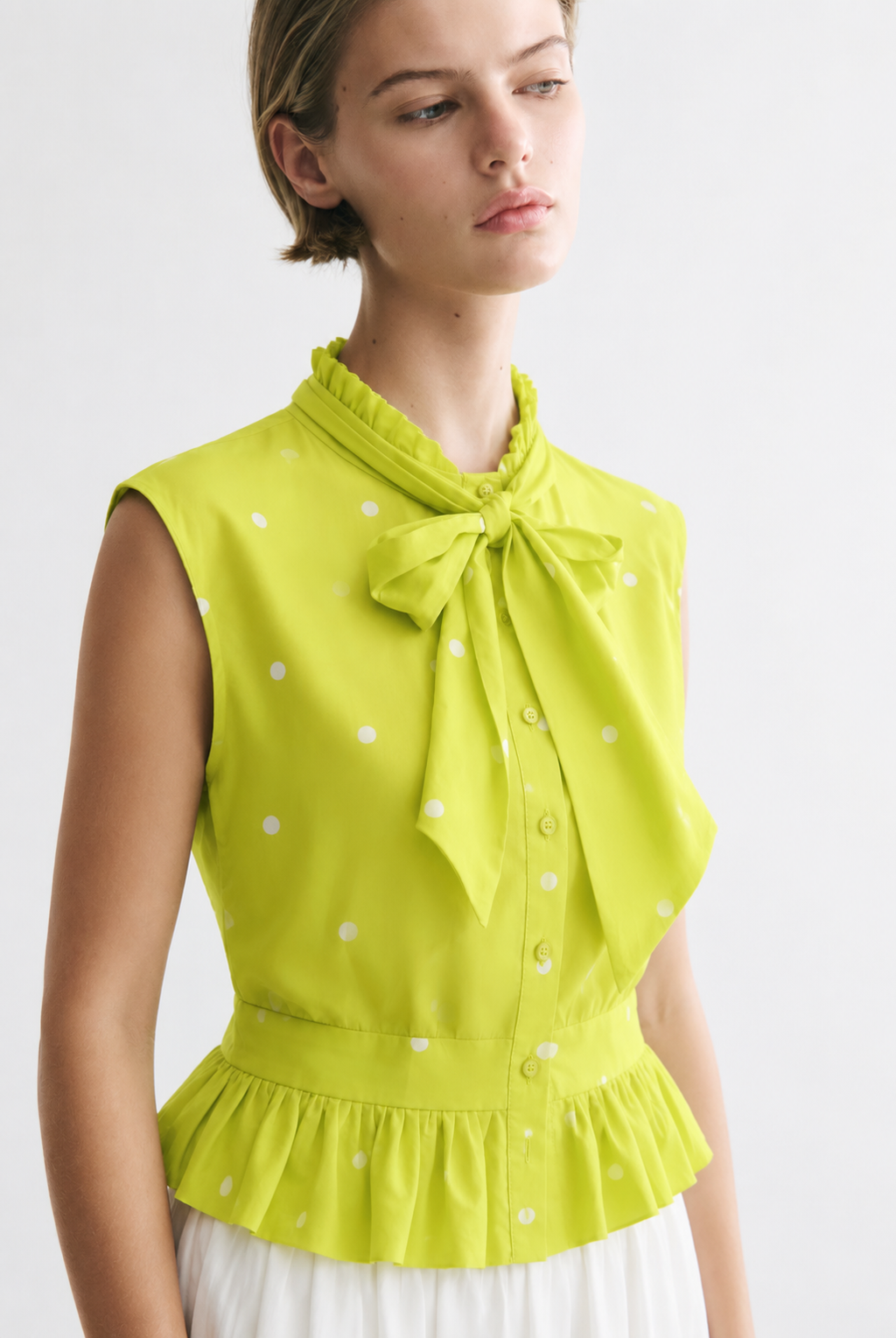 Lime Polka Dot Bow Neck Peplum Shirt