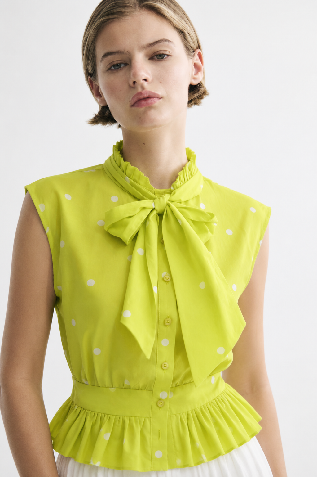 Lime Polka Dot Bow Neck Peplum Shirt