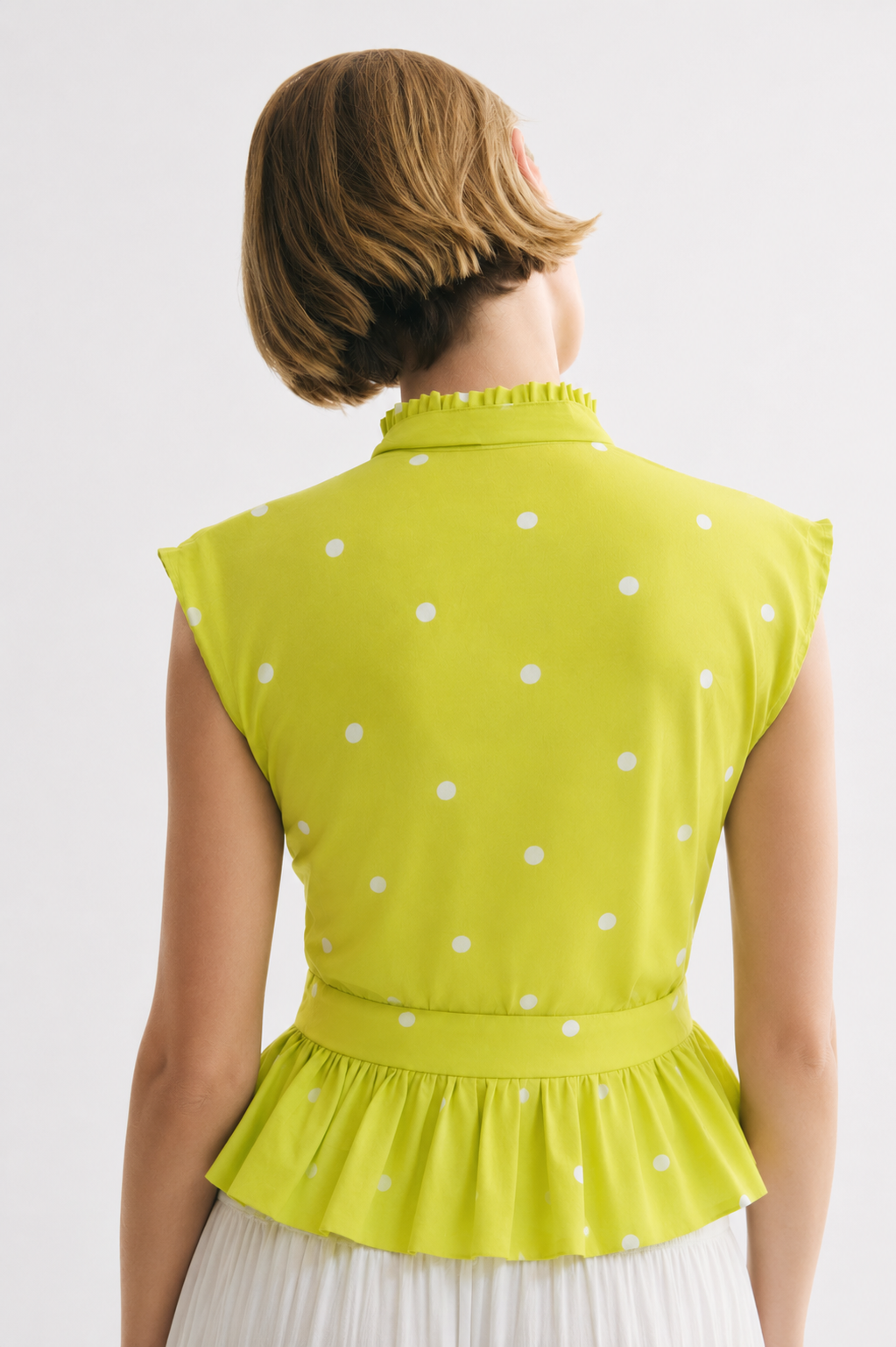 Lime Polka Dot Bow Neck Peplum Shirt