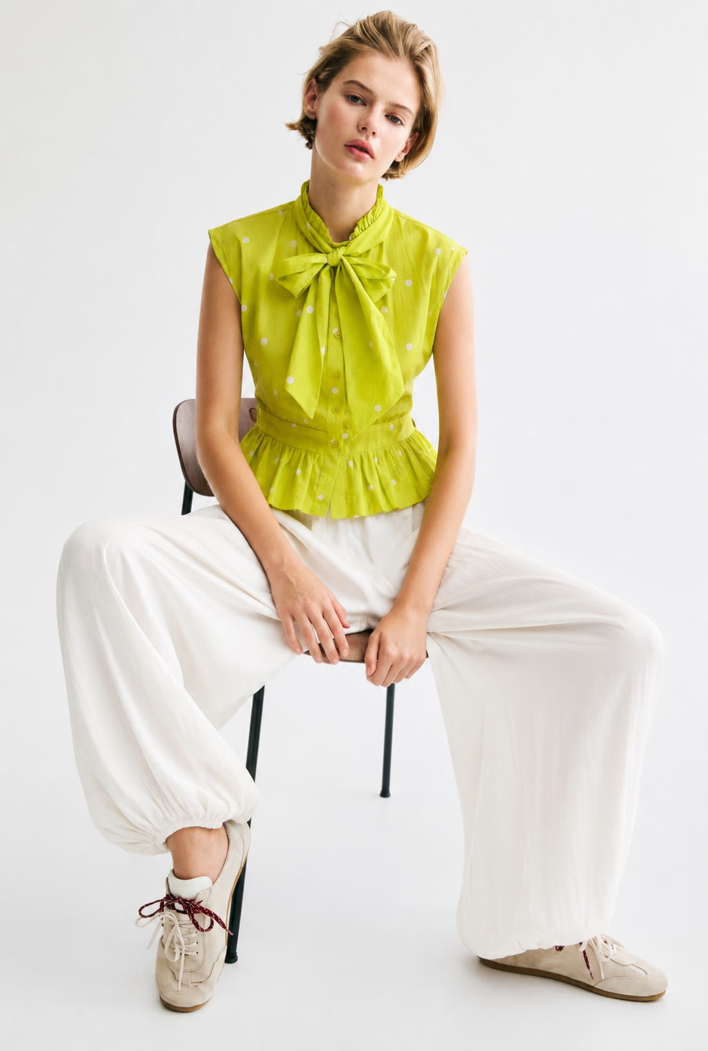 Lime Polka Dot Bow Neck Peplum Shirt