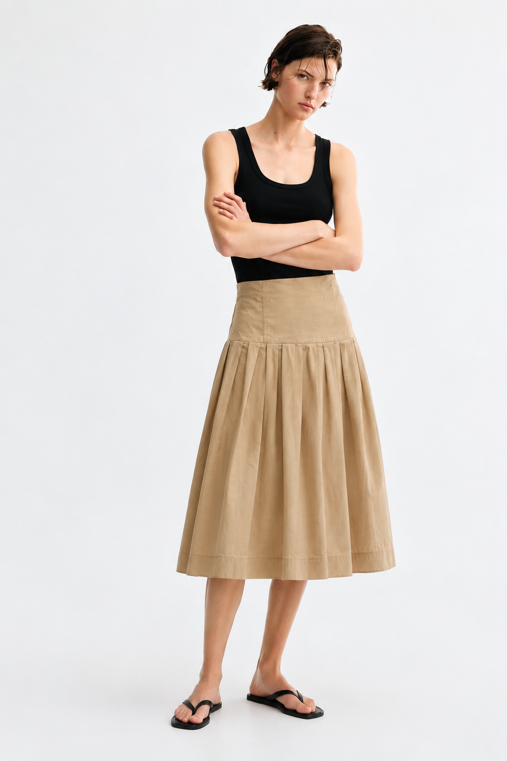 Sand Beige Pleated Midi Skirt