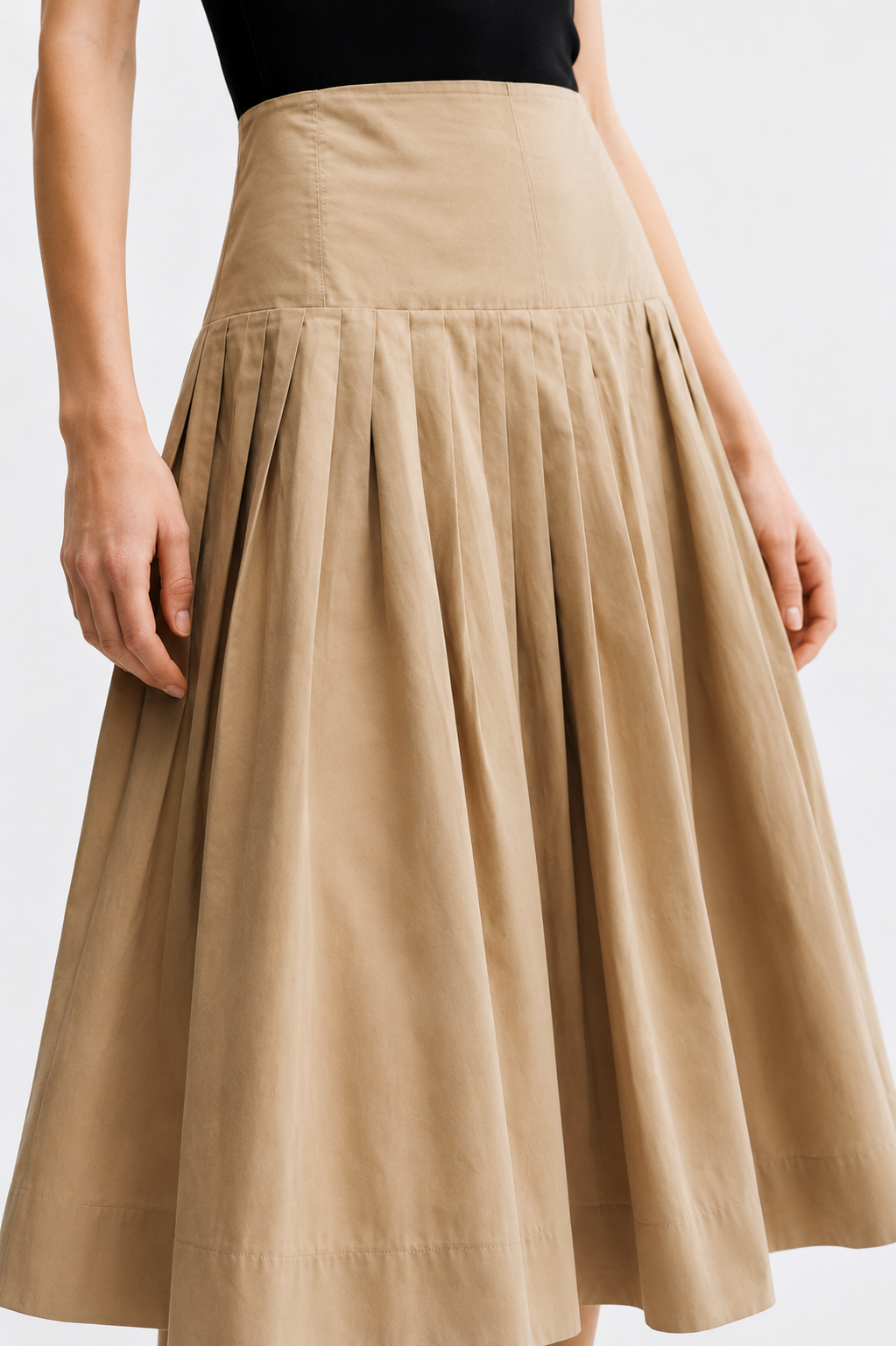 Sand Beige Pleated Midi Skirt