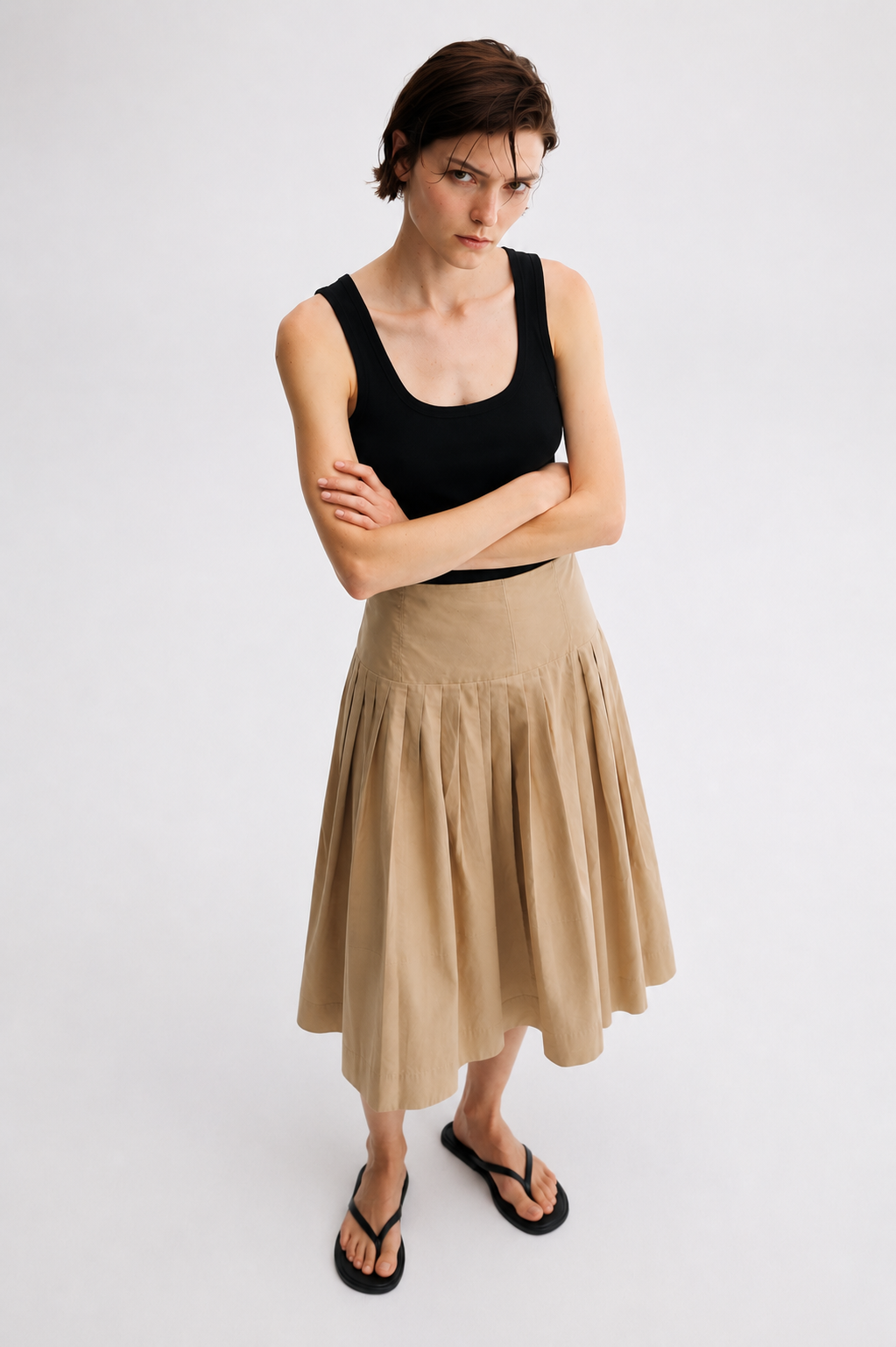 Sand Beige Pleated Midi Skirt