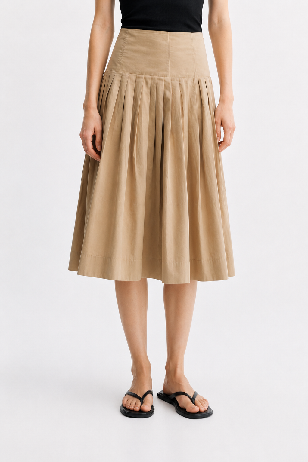 Sand Beige Pleated Midi Skirt