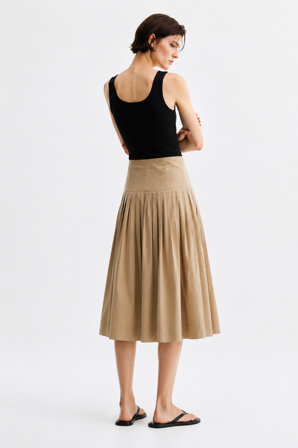 Sand Beige Pleated Midi Skirt