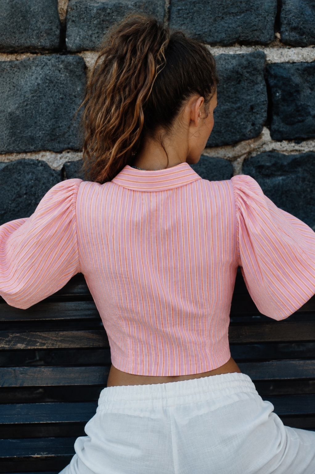 Pink Pinstripe Puff Sleeve Shirt