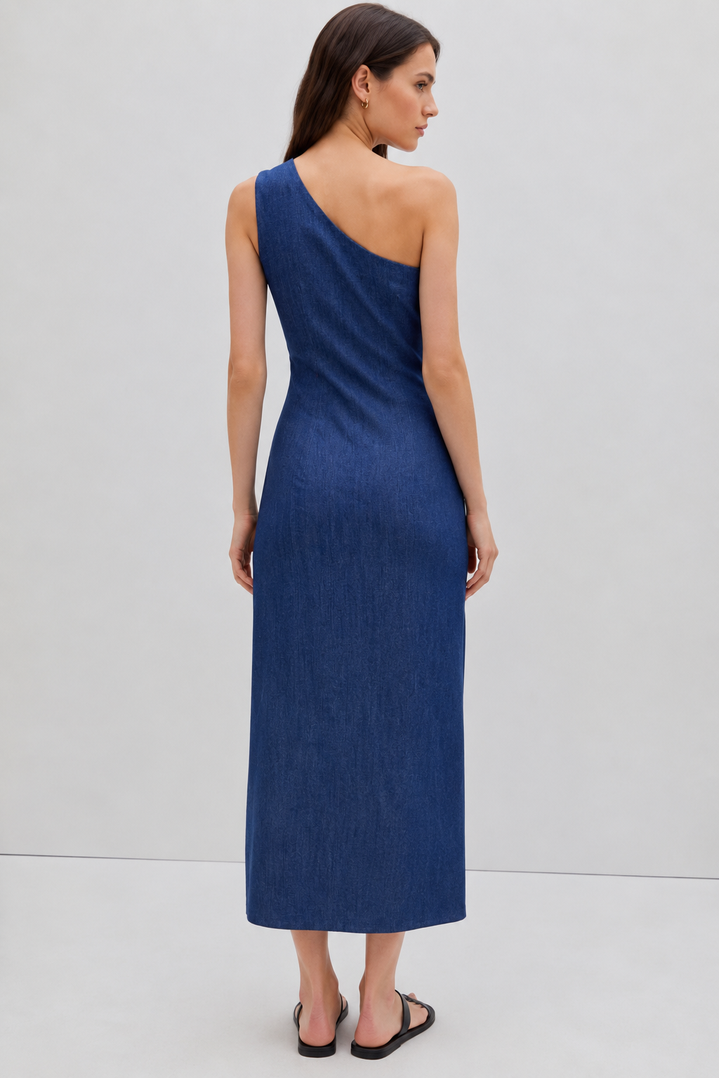 Denim One-Shoulder Ruched Midi Dress