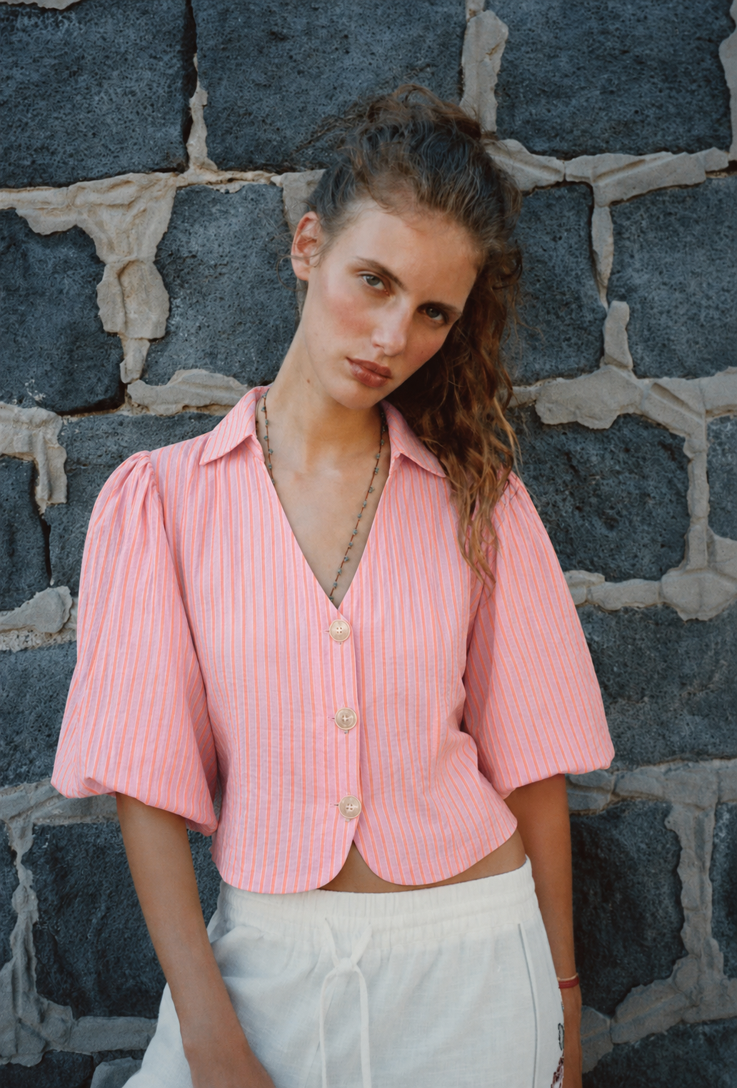 Pink Pinstripe Puff Sleeve Shirt