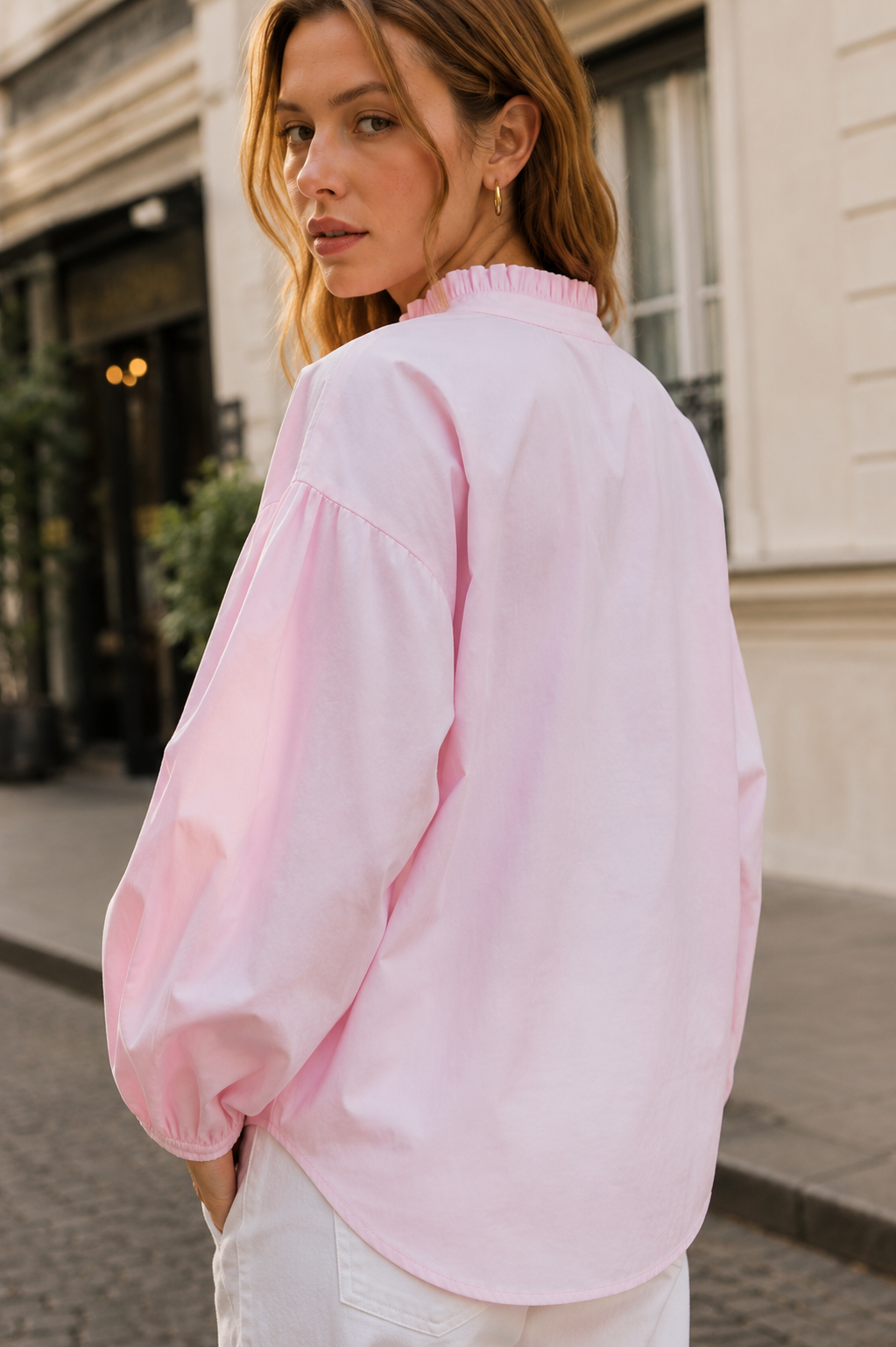 Pearl-Embellished Ruffle Detail Pink Poplin Shirt