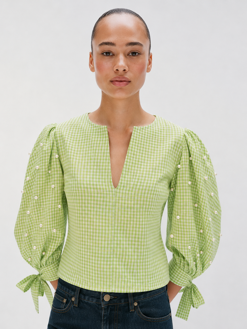 Lime Pearl Embellished Gingham Tie-Sleeve Top