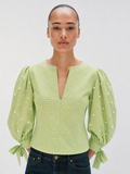 Lime Pearl Embellished Gingham Tie-Sleeve Top