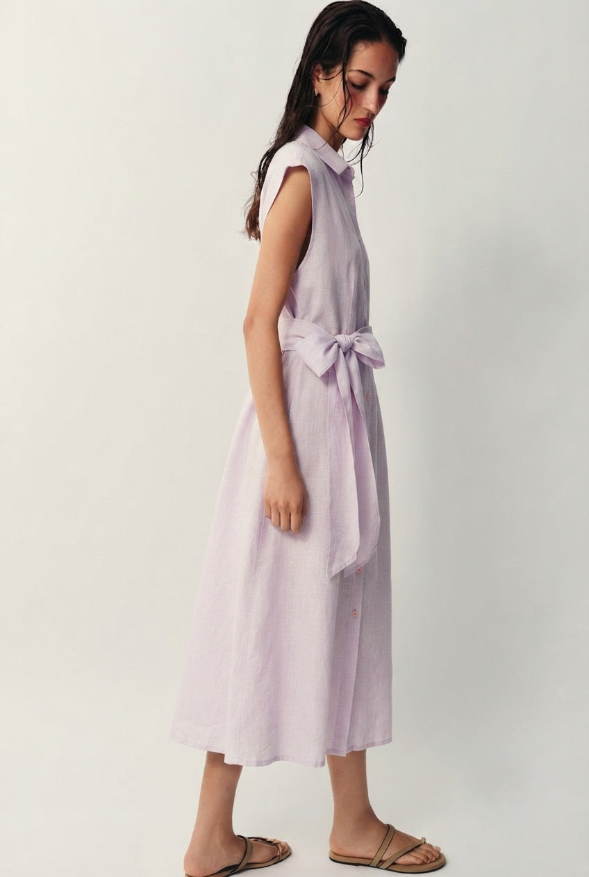 Pastel Pink Sleeveless Linen-Blend Shirt Dress