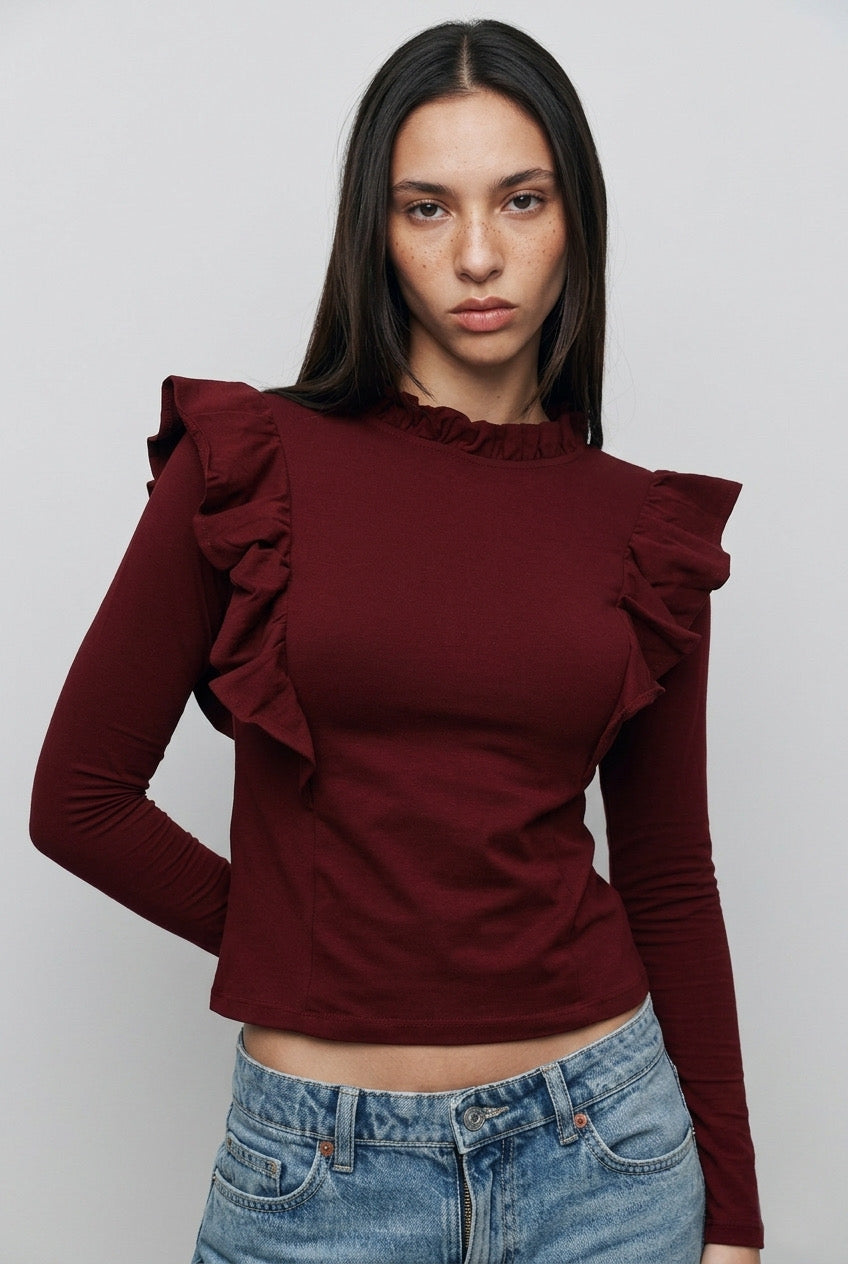 Maroon Ruffle Long-Sleeve Top