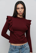Maroon Ruffle Long-Sleeve Top