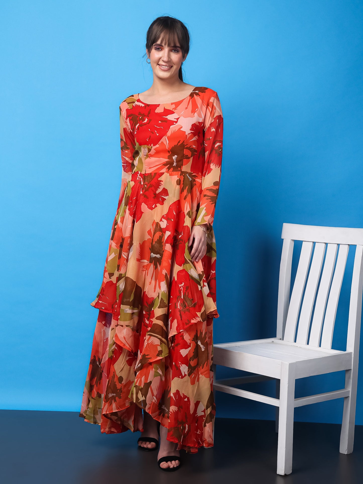 SCORPIUS Floral Printed Layered Fit Flare Maxi Dress