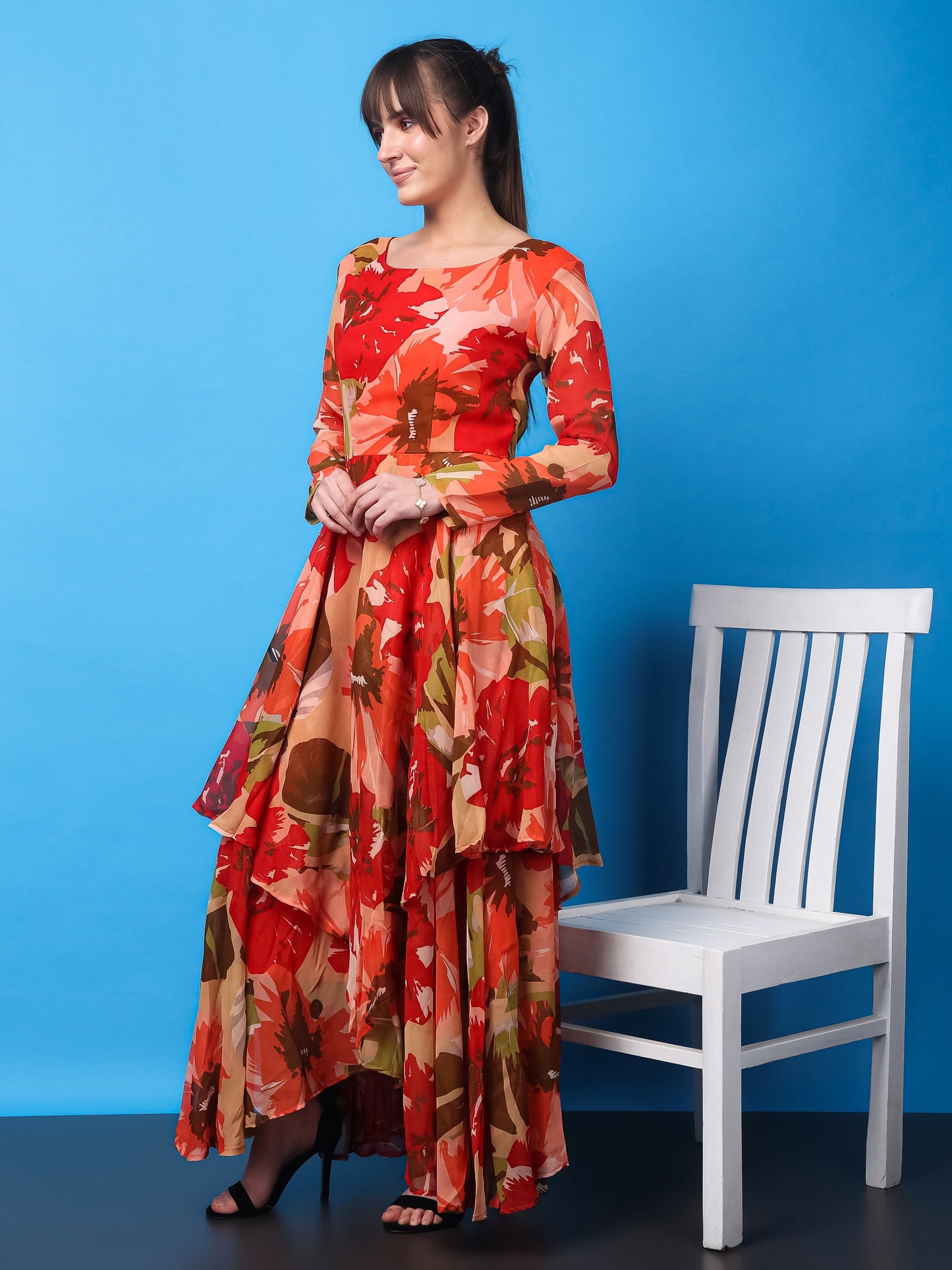 SCORPIUS Floral Printed Layered Fit Flare Maxi Dress