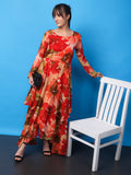 SCORPIUS Floral Printed Layered Fit Flare Maxi Dress