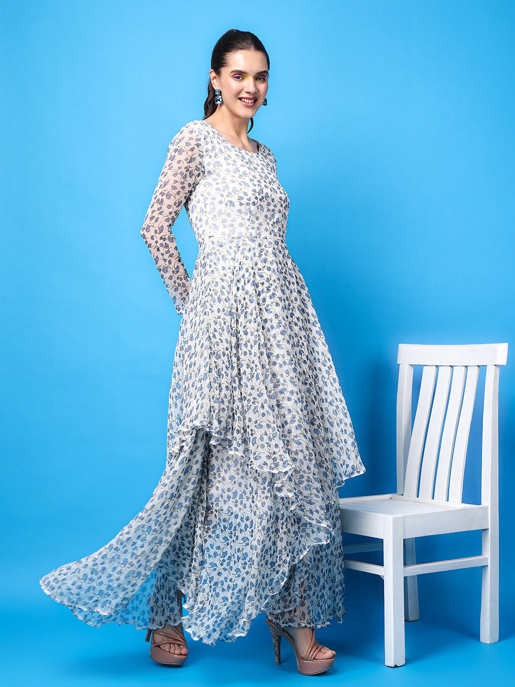 SCORPIUS Floral Printed Chiffon Maxi Dress