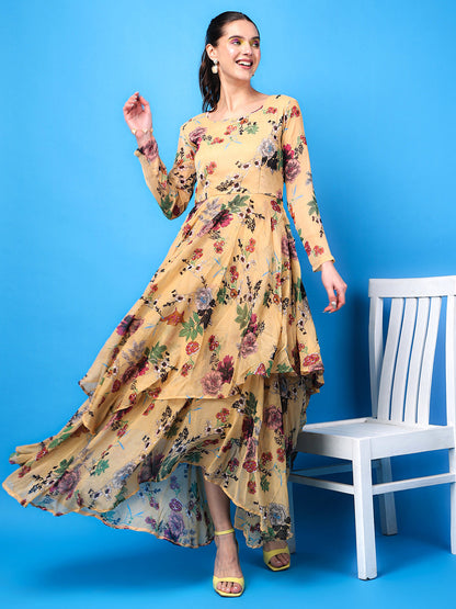 SCORPIUS Floral Print Chiffon Maxi Dress