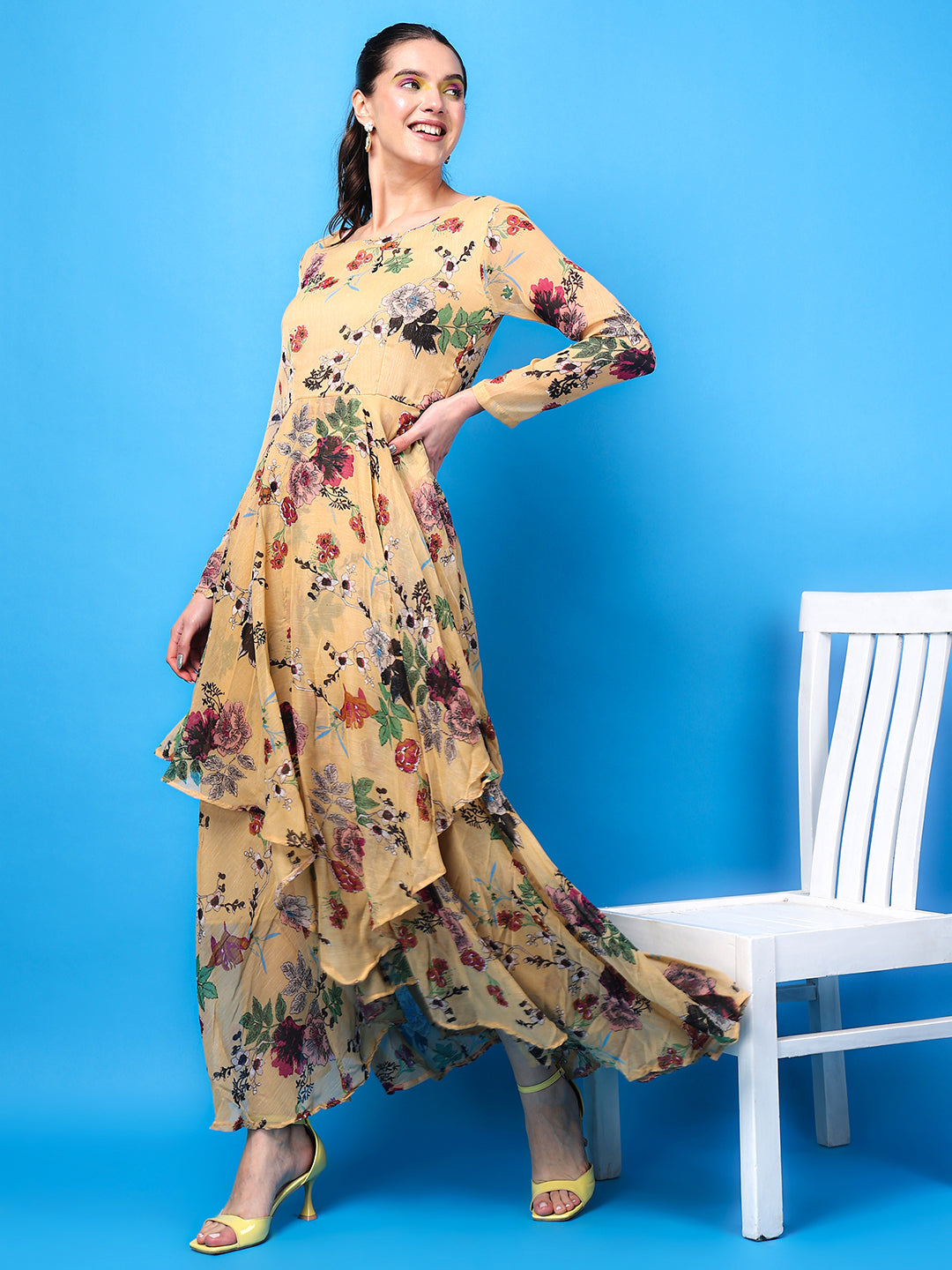 SCORPIUS Floral Print Chiffon Maxi Dress