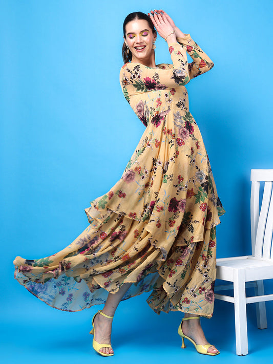 SCORPIUS Floral Print Chiffon Maxi Dress