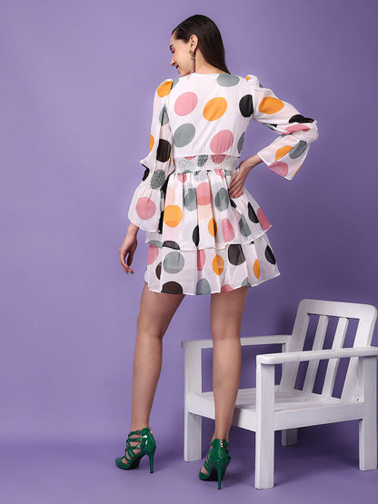 SCORPIUS Polka Dots Printed Smocked Georgette Fit  Flare Mini Dress