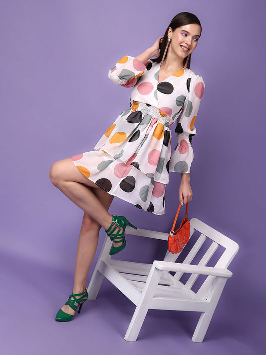 SCORPIUS Polka Dots Printed Smocked Georgette Fit  Flare Mini Dress