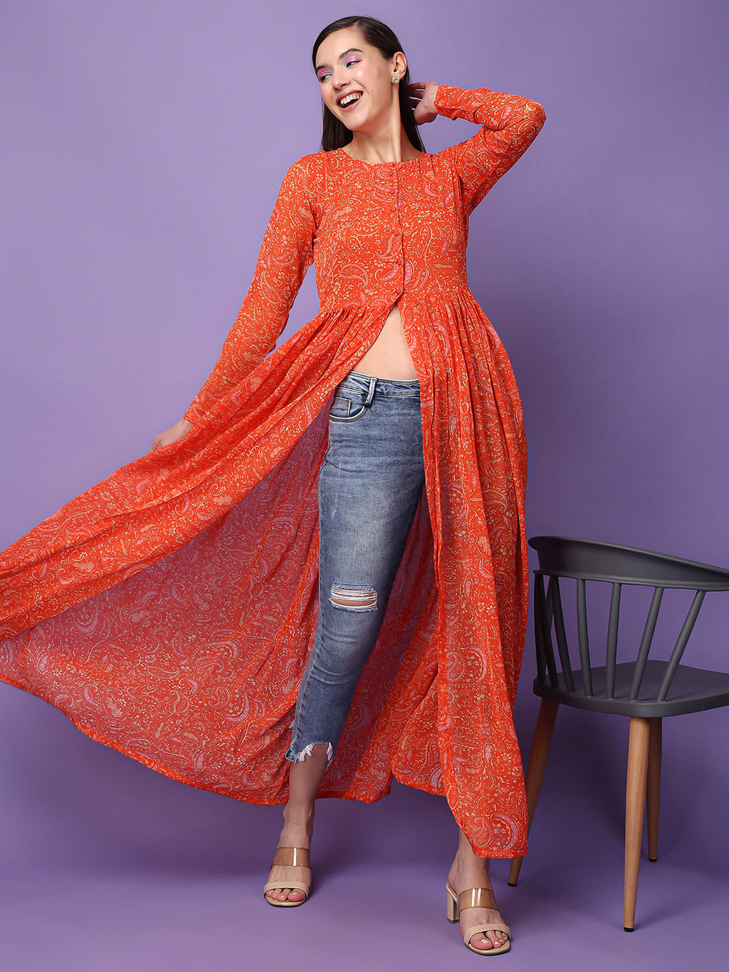 Ethnic Motifs Printed Chiffon Longline Tunics