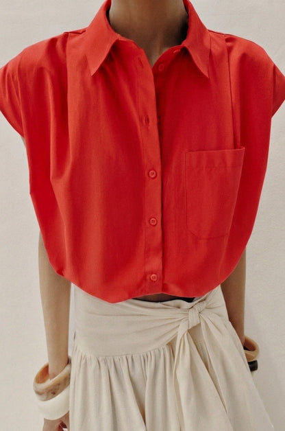 Cap-Sleeve Cropped Poplin Shirt – Crimson Red