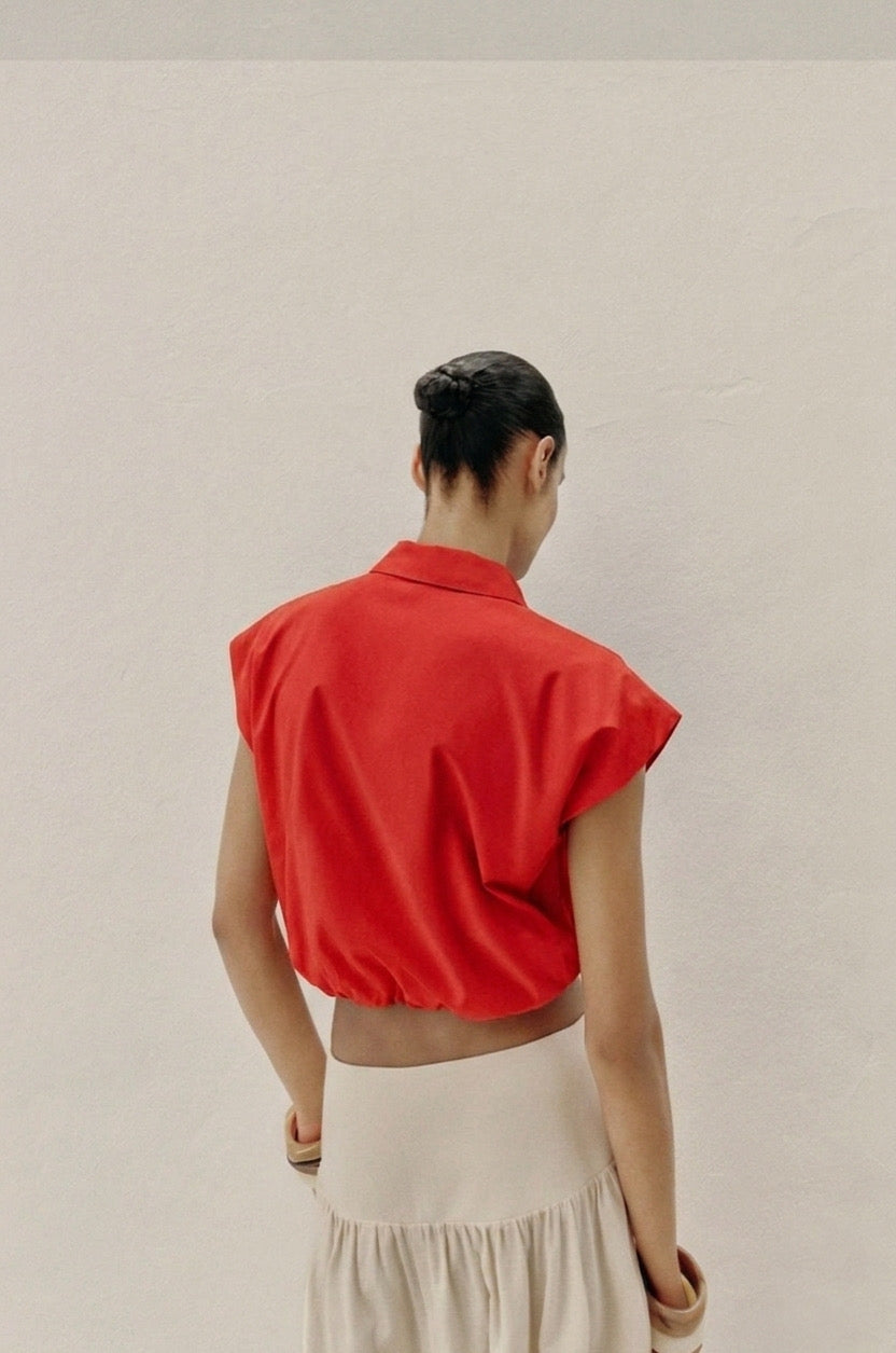 Cap-Sleeve Cropped Poplin Shirt – Crimson Red