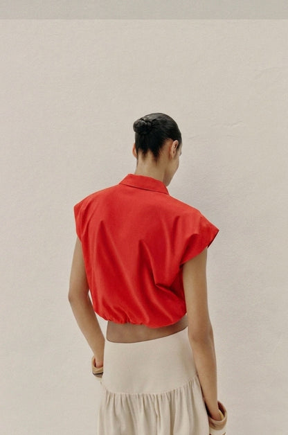 Cap-Sleeve Cropped Poplin Shirt – Crimson Red