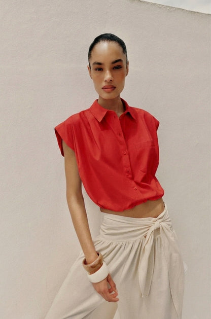 Cap-Sleeve Cropped Poplin Shirt – Crimson Red