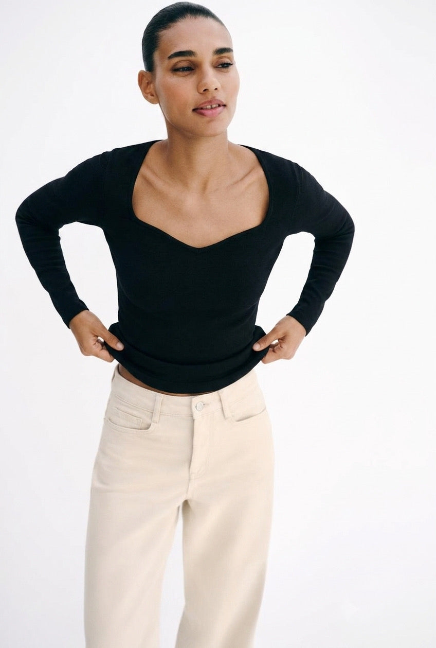 Essential Black Fitted Long-Sleeve Top