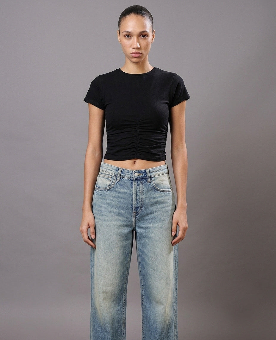Black Ruched Slim-Fit Top