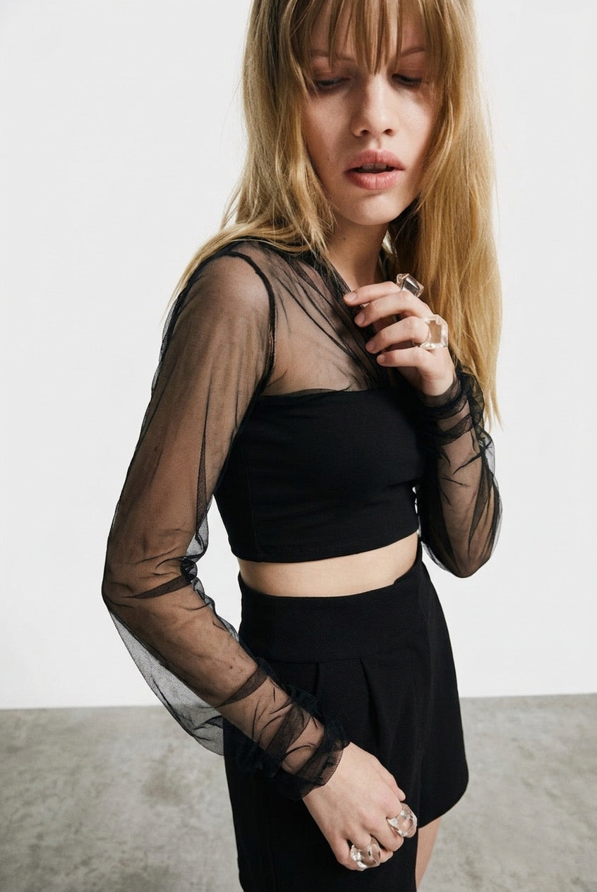 Black Solid Top with Net Sleeves