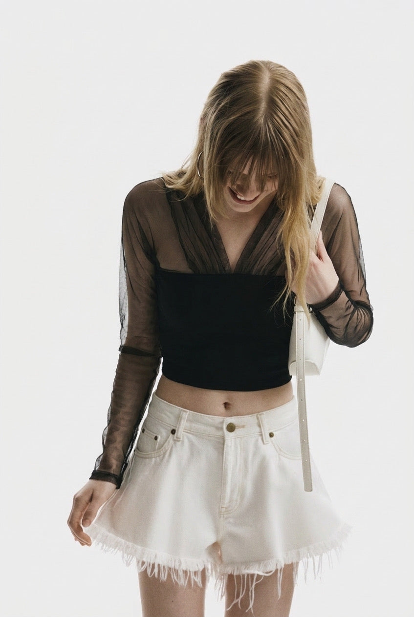 Black Solid Top with Net Sleeves