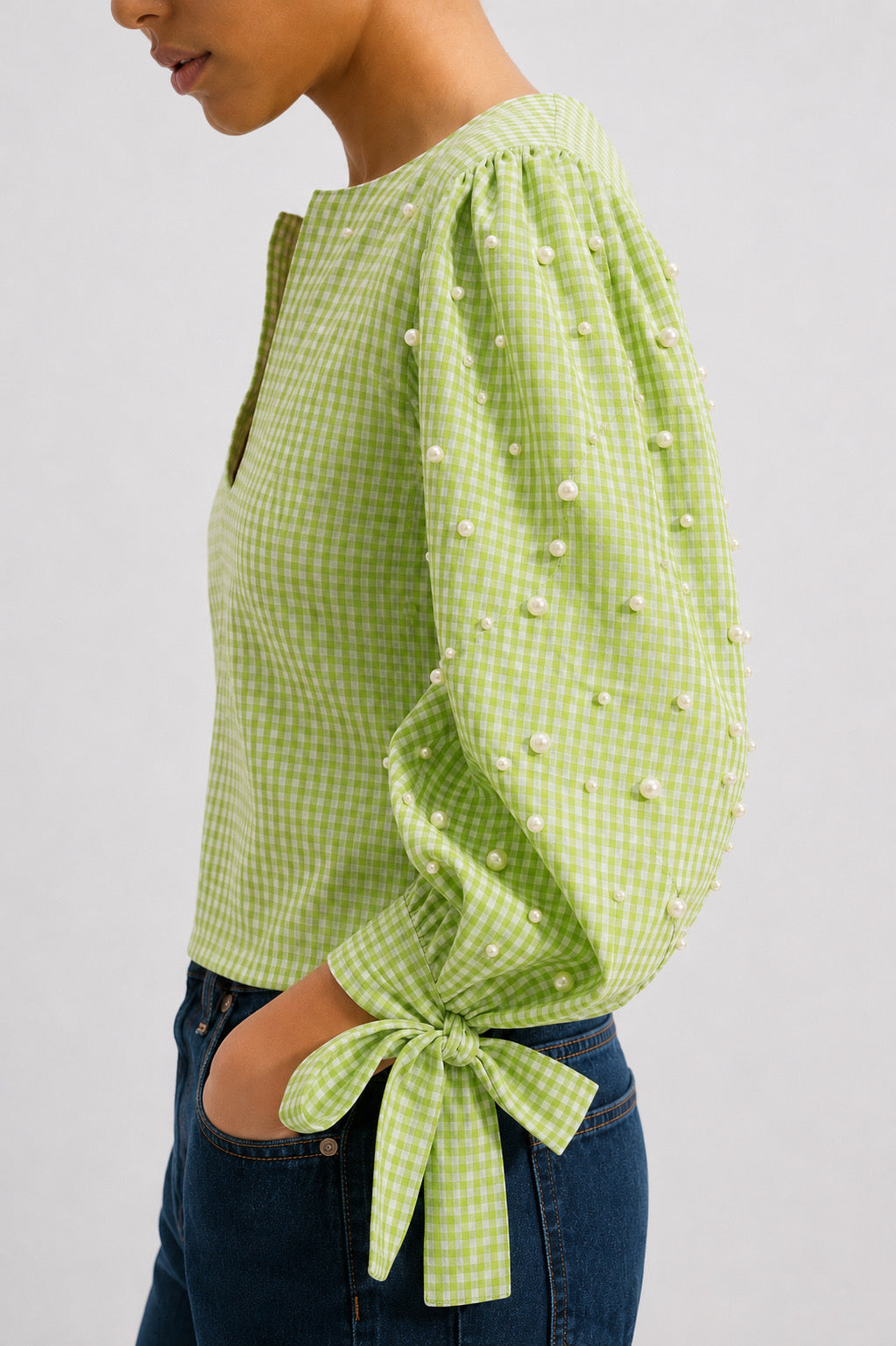 Lime Pearl Embellished Gingham Tie-Sleeve Top