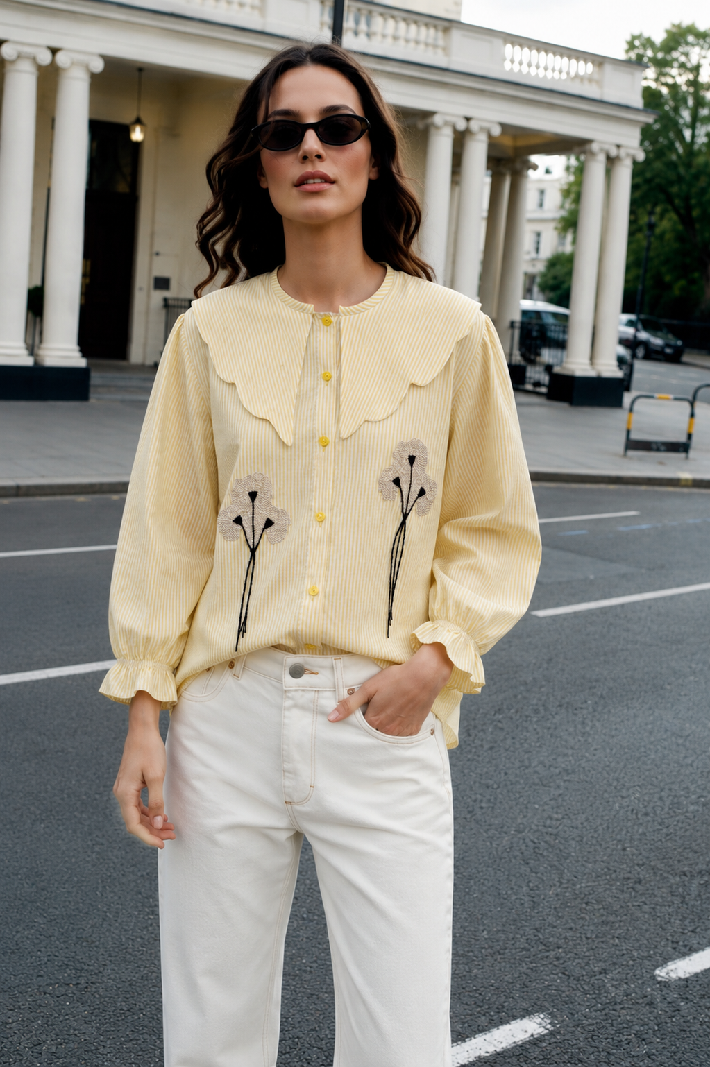 Women's Yellow Striped Embroidered Peter Pan Collar Shirt