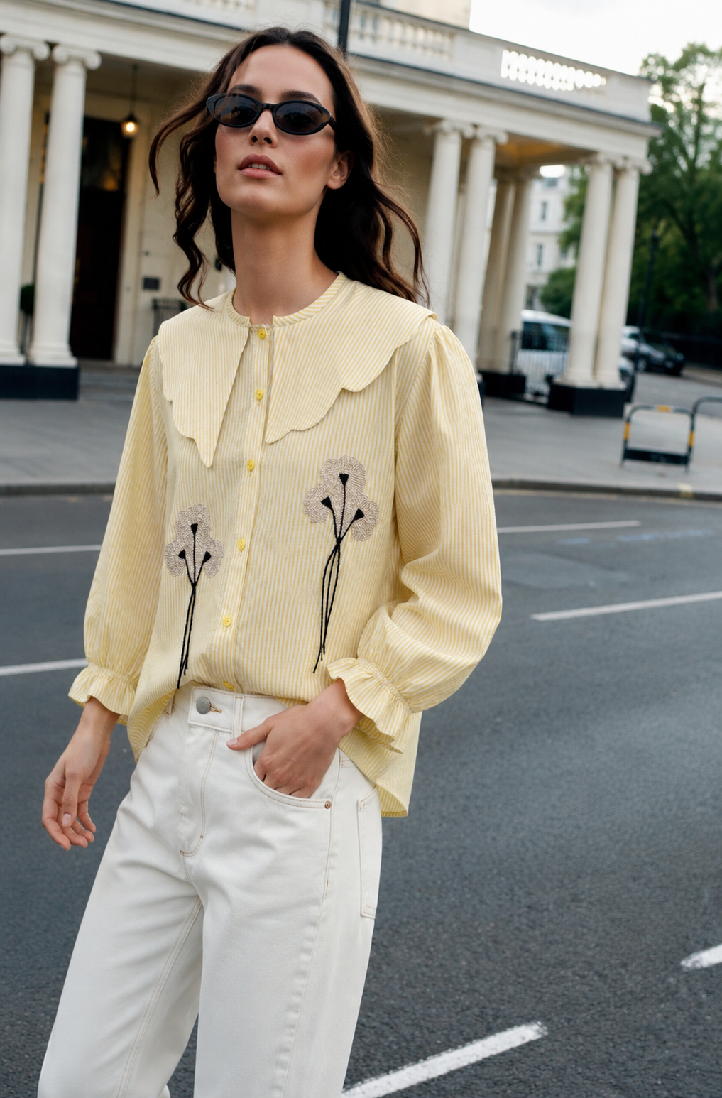 Women's Yellow Striped Embroidered Peter Pan Collar Shirt