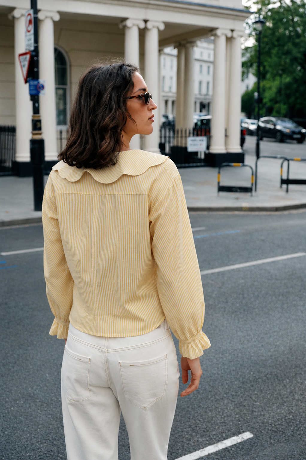 Women's Yellow Striped Embroidered Peter Pan Collar Shirt