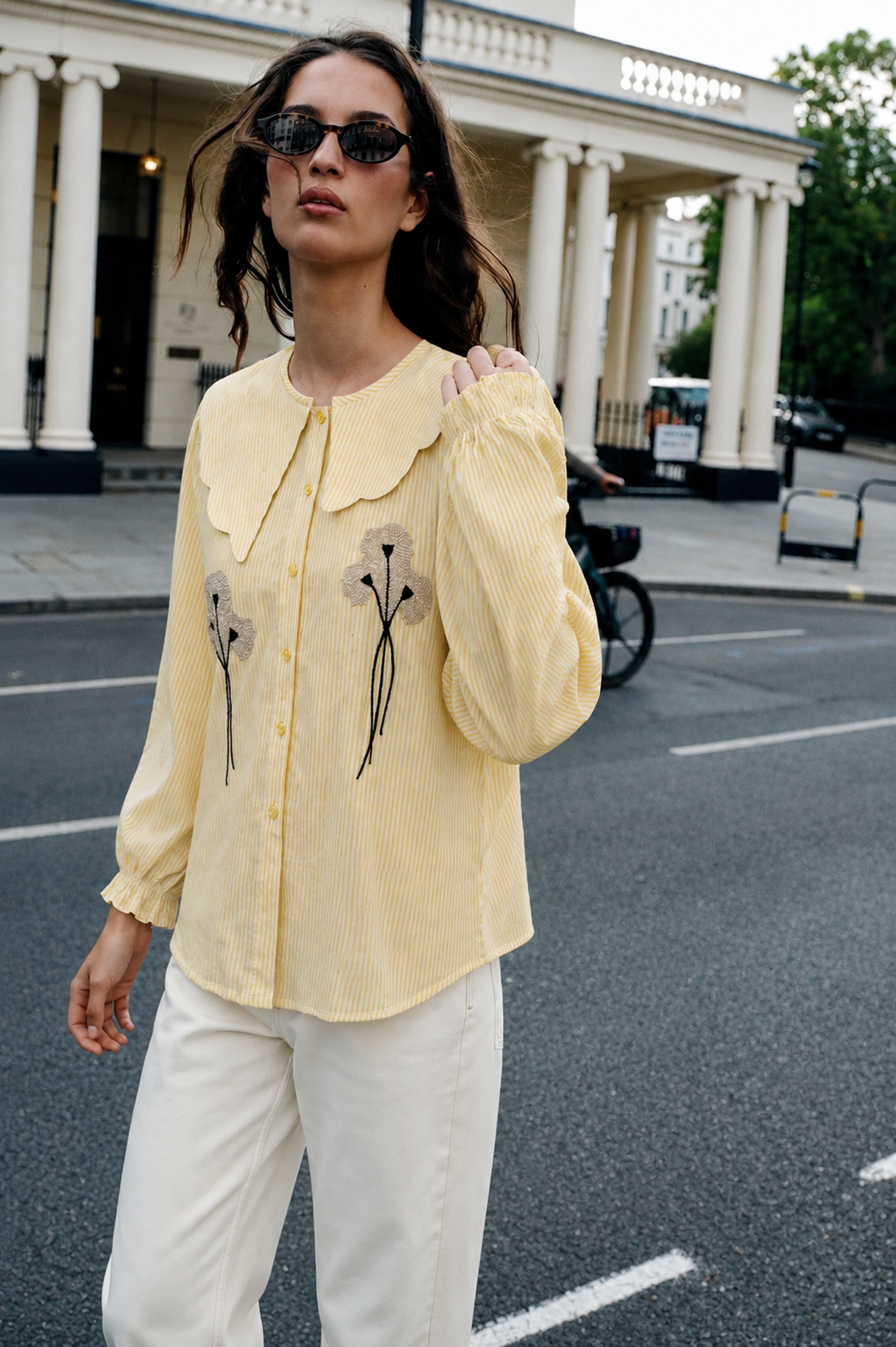 Women's Yellow Striped Embroidered Peter Pan Collar Shirt