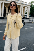 Women's Yellow Striped Embroidered Peter Pan Collar Shirt