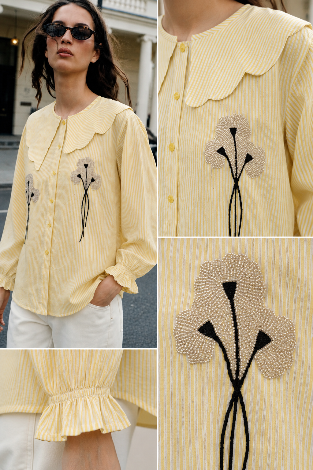 Women's Yellow Striped Embroidered Peter Pan Collar Shirt