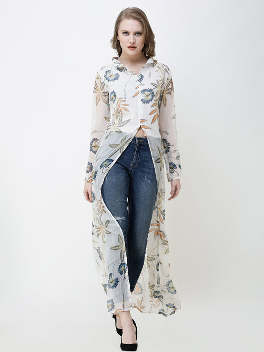 SCORPIUS White Floral Print Long Top