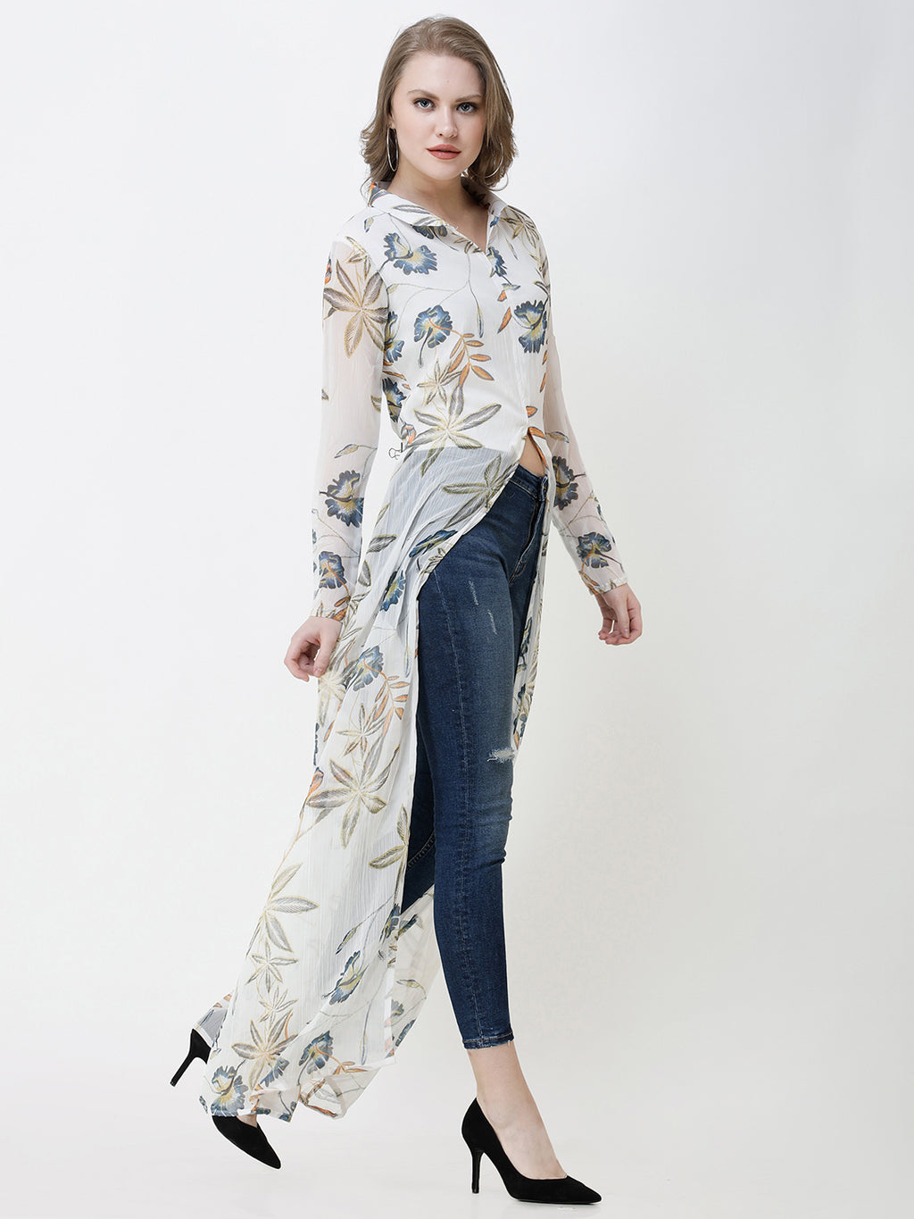SCORPIUS White Floral Print Long Top