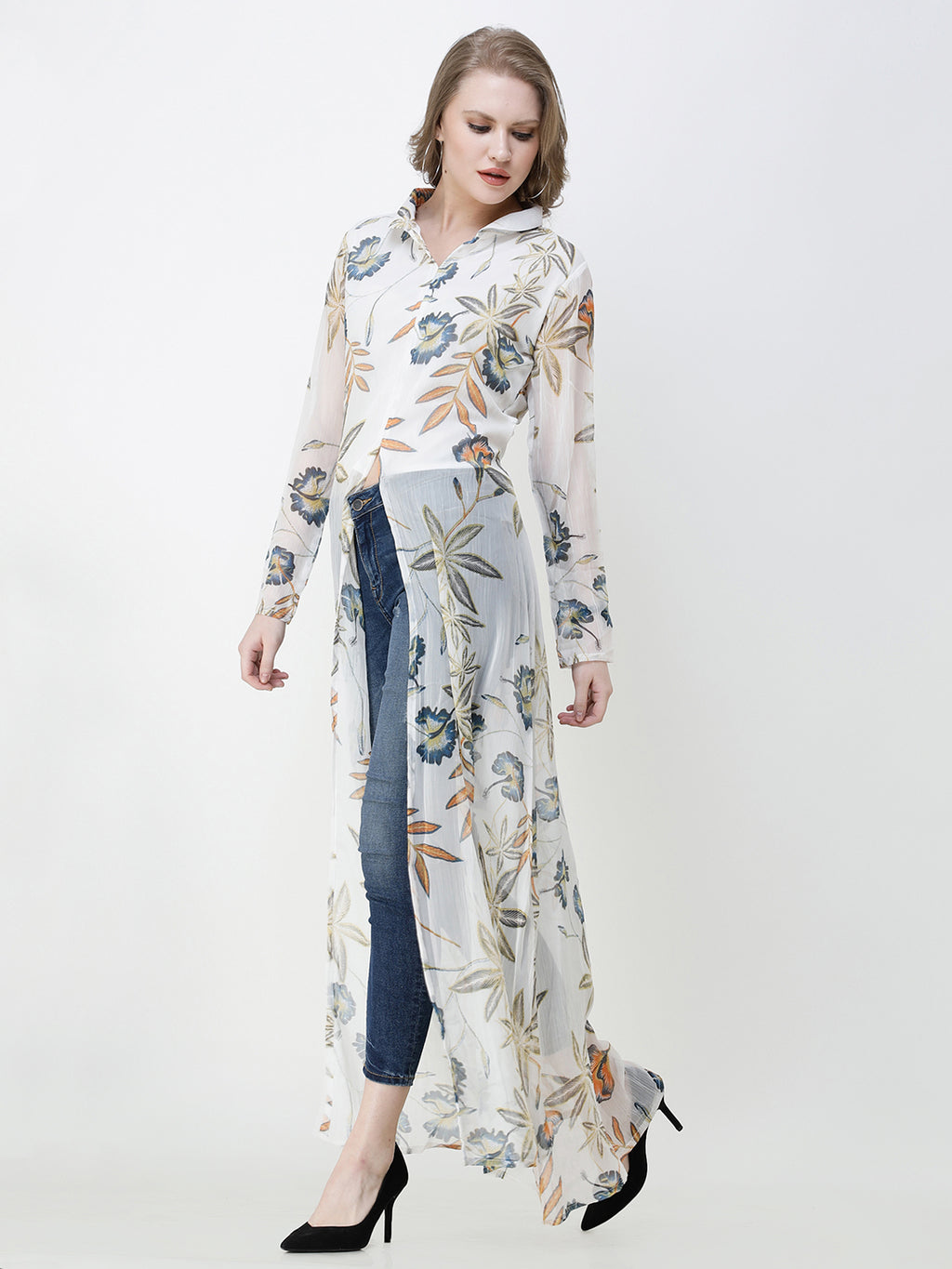 SCORPIUS White Floral Print Long Top
