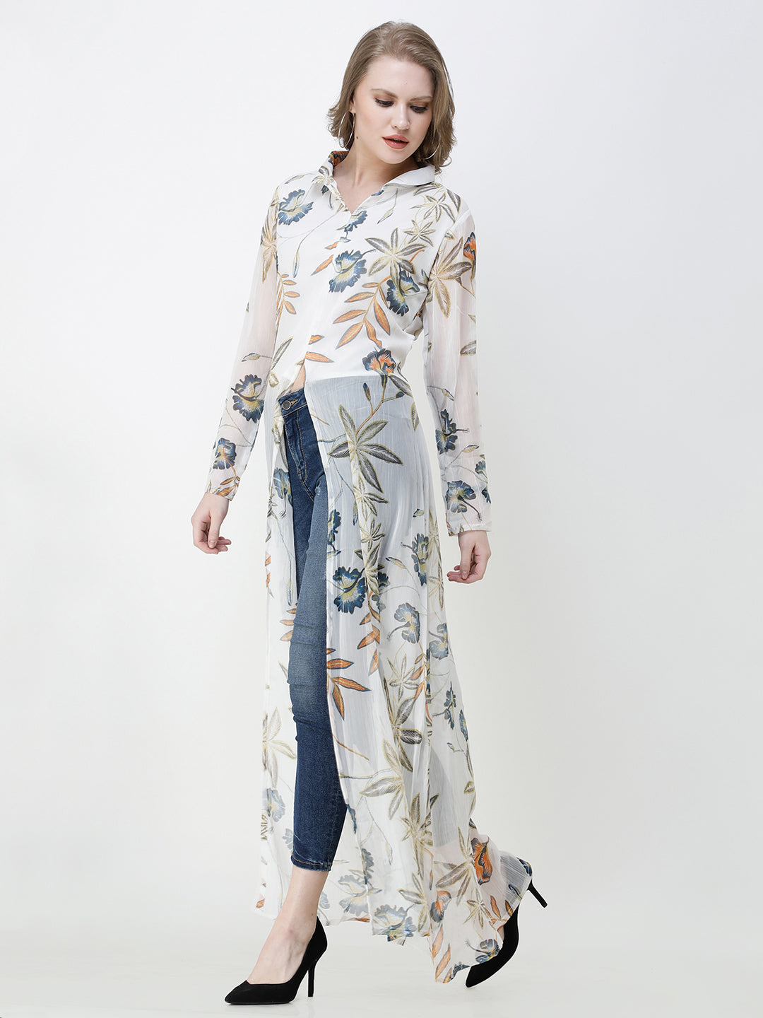 SCORPIUS White Floral Print Long Top