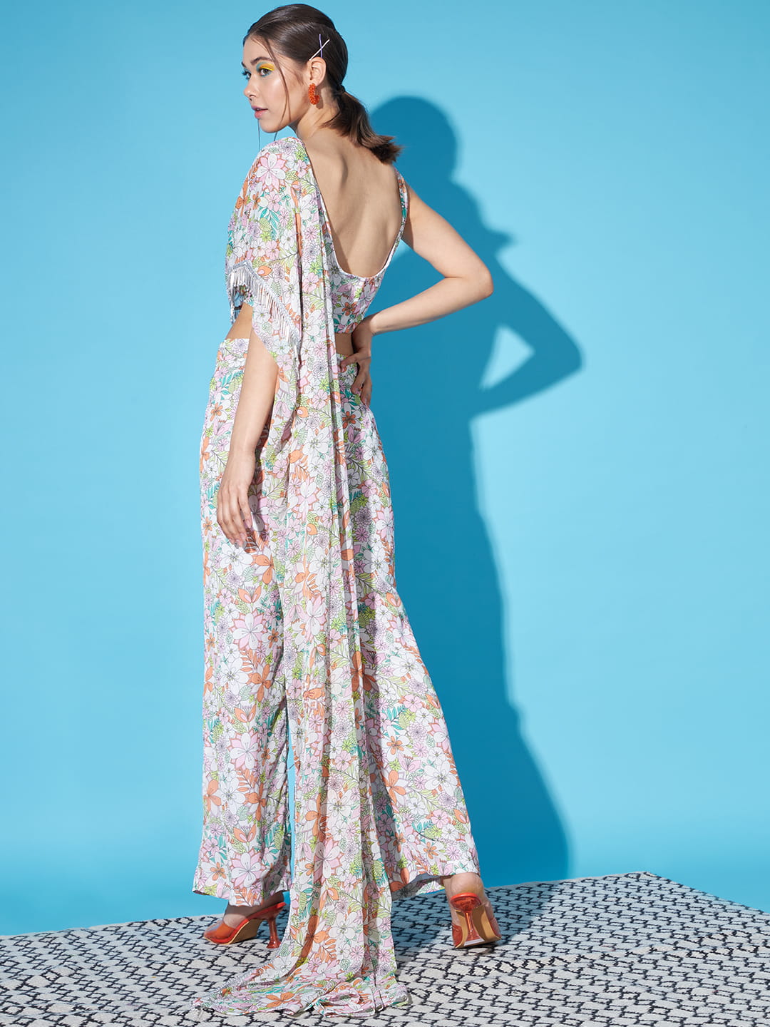Ethereal Blooms: White Floral Fusion Coord Set in Drape Style