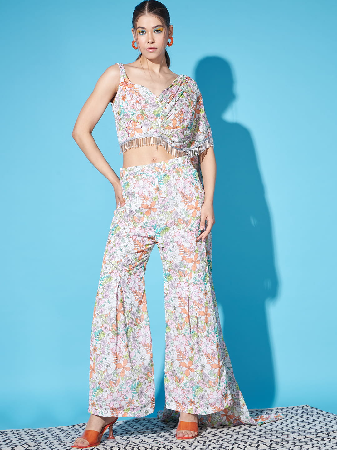 Ethereal Blooms: White Floral Fusion Coord Set in Drape Style