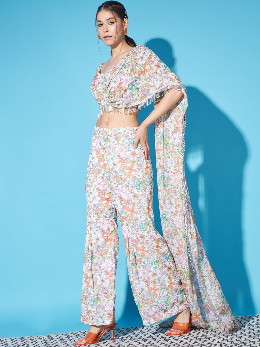 Ethereal Blooms: White Floral Fusion Coord Set in Drape Style